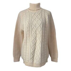 Vintage ST. MICHAEL 100% Wool Cream/Ivory Cable Knit Turtleneck Sweater M